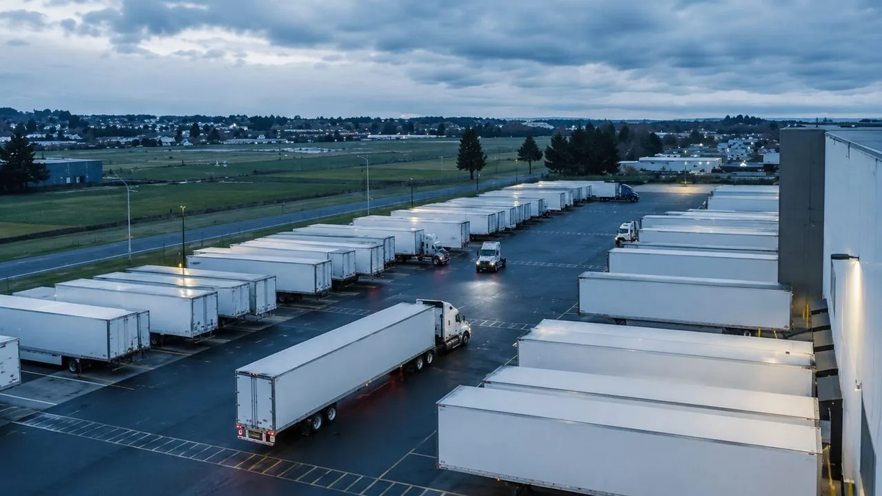 Semi-trucks parked at a freight yard